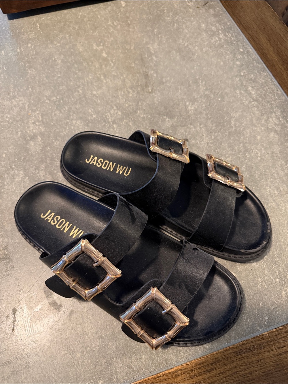 Jason Wu Black Slide Sandals with Gold-Tone Buckle Accents